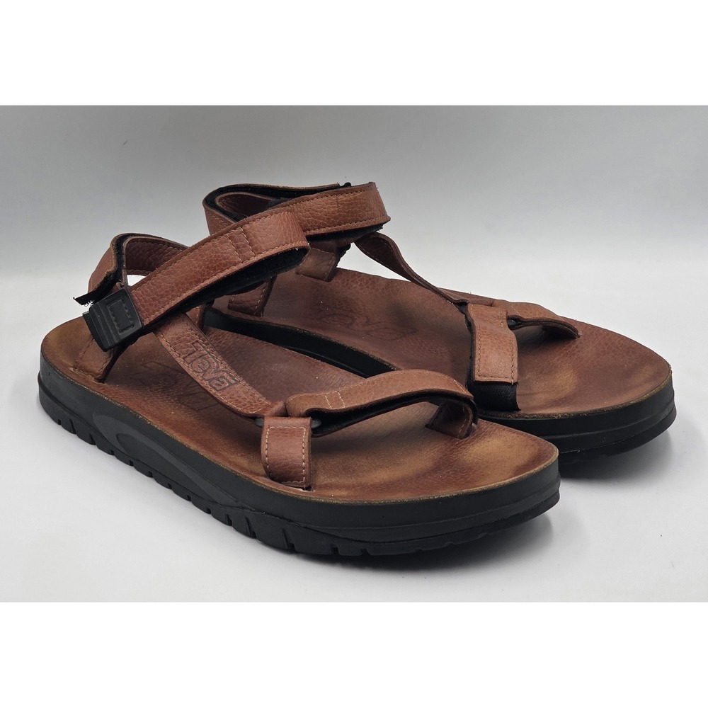 Teva Mens 12 Brown Leather Sport Sandals Hook Loop Adjustable Outdoor Comfort